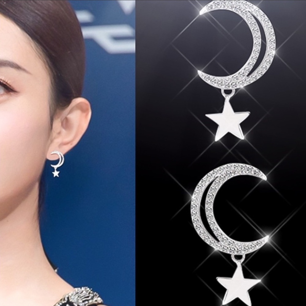 Delicate Silver Tone Moon & Dangling Star Earrings - Picture 8 of 8